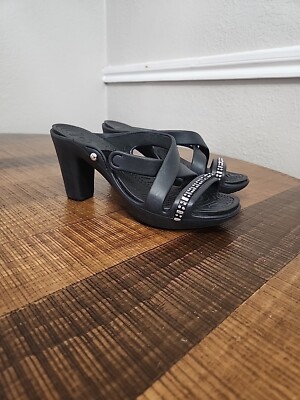 Crocs Cyprus IV Womens Shoes Size 9 Black Slide Rhinestone Bling Sandals Heels 