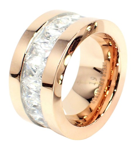 Stainless Steel Rings Women's 12mm Solid Band Stainless Steel Modern Baguette Cut Zirconia - Picture 3 of 5