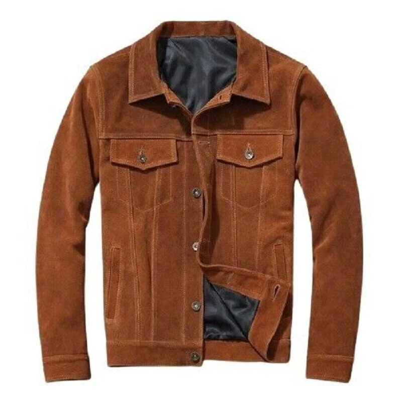 Men's Suede Leather Trucker Biker Jacket Denim Jean Style Black & Brown Jacket