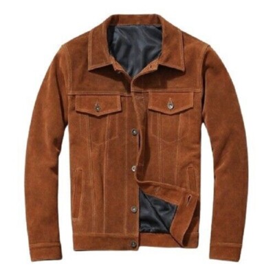 Uomo Camoscio Stile Camionista Biker Giacca Jeans Stile Nero