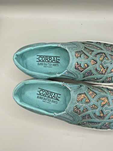 Corral Handcrafted Boot Co Teal/Pink Glitter Inlay Slip-On Size 6 Unique - Picture 15 of 15