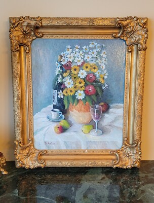 D. ANTON ORIGINAL STILL LIFE OIL PAINTING DAISIES FRUIT SIGNED 26x23 GOLD FRAME