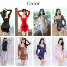 Lady Semi Sheer Dress Low Cut Oiled Shiny Bodycon Night Clubwear Sexy Erotic