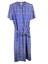 Leslie Fay Womens Blue Plaid Midi Dress Short Sleeve Belted Button Front Vintage