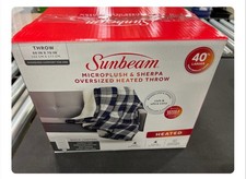 Sunbeam Oversized Heated Throw Microplush Sherpa Plaid Blue White Gray 60x70