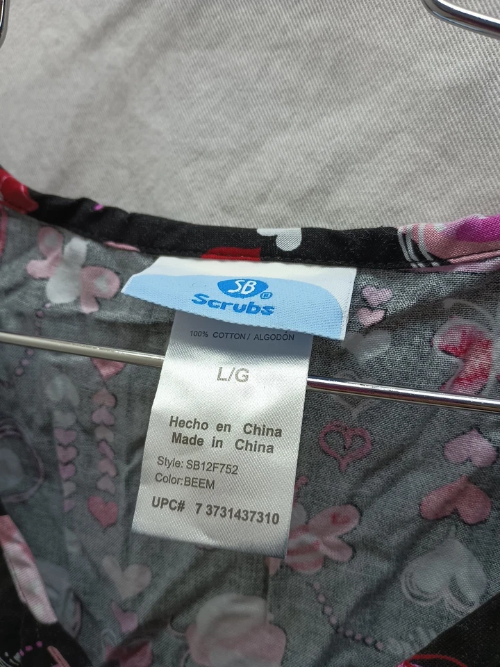 Womens Scrub Top Valentines Day Size Large Black Pink Red Hearts - Image 4 of 4