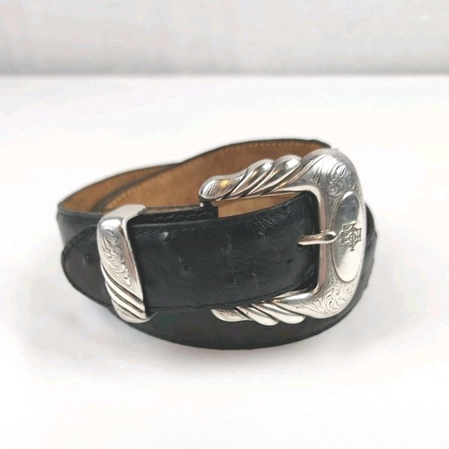 Lucchese Genuine Ostrich Belt Mens 46 Leather Black Silver Engraved Buckle Logo