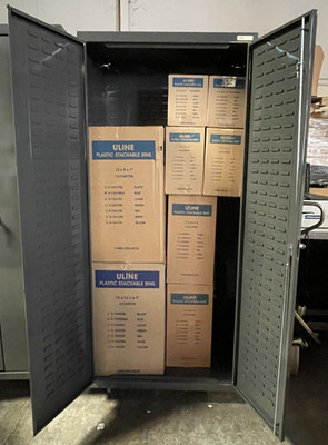 ULINE Bin Storage Cabinet 36''x24''x78'' w/ 138 U-Line Plastic Blue Bins& Keys*READ