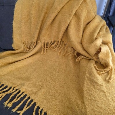 Pottery Barn Cozy Mustard Yellow Fringe Throw Blanket 50''x70'' In Great Condition