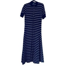 Lauren Ralph Lauren Dress Polo Maxi L Navy Stripe Gold Button Nautical Old Money