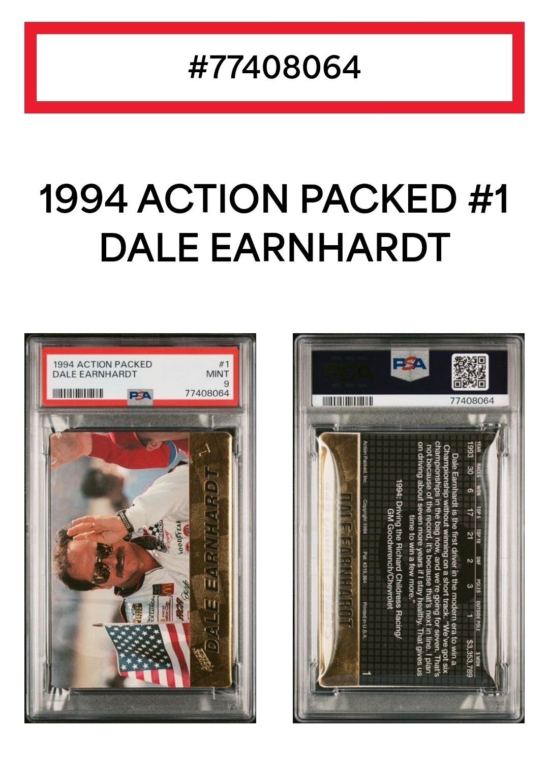 🏁 Dale EARNHARDT PSA 9 Mint 1994 Action Packed #1 POP 5 🔥 view 4