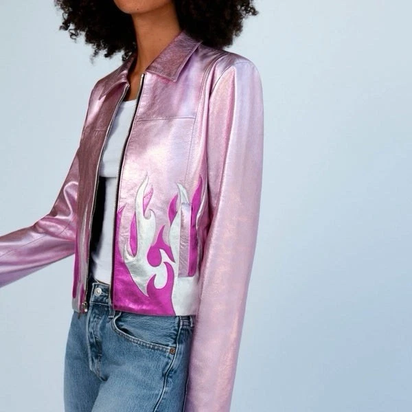 Women’s Pink Metallic Foil Fire Effect Motorcycle Biker Genuine Leather Jacket - Image 2 of 4
