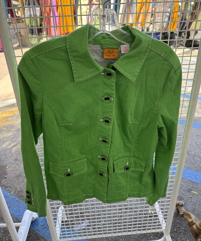 Ruby Rd. Green Button-Front Collared Short Jacket Pockets Long Sleeve Size 10