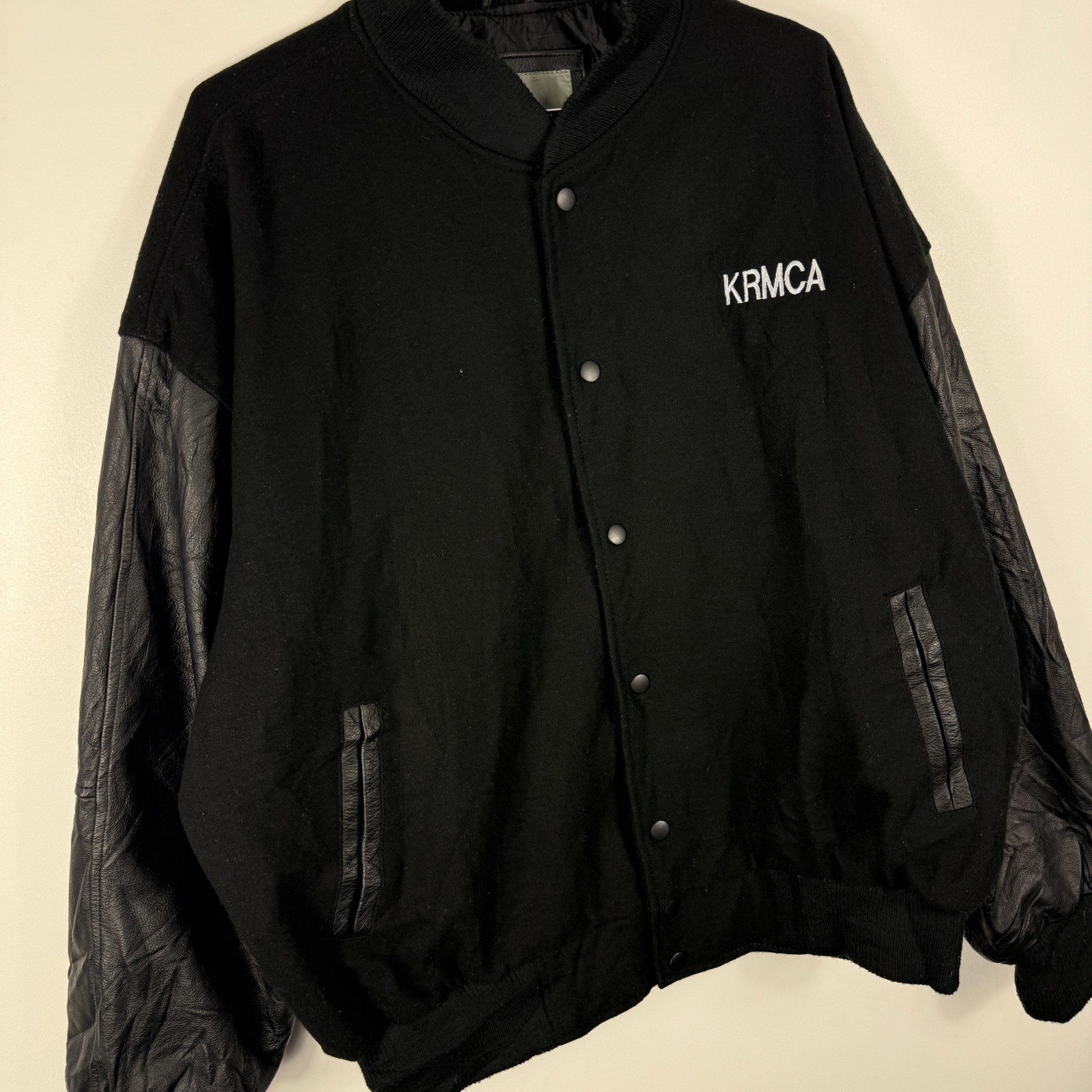 Vintage Burk's Bay KRMCA Black Leather Sleeve Size XL Wool Varsity Bomber Jacket image 9
