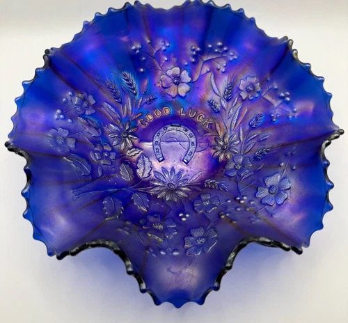 Vtg NORTHWOOD Iridescent ELECTRIC BLUE CARNIVAL GLASS 9" GOOD LUCK RUFFLED BOWL