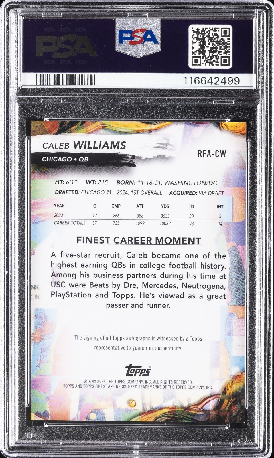 2024 TOPPS FINEST ROOKIE FINEST AUTOS #RFACW CALEB WILLIAMS PSA 9 view 2