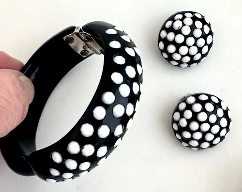 Vtg Black Lucite Clamper Bracelet Earrings Set White Milk Glass Rhinestones