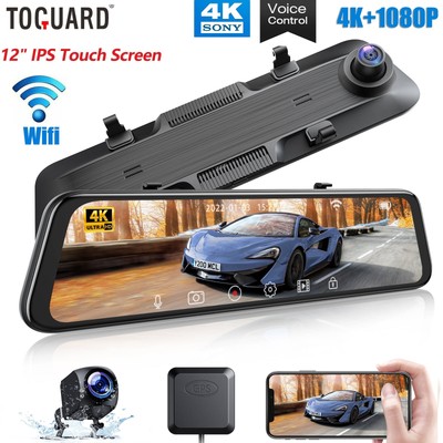 TOGUARD 12'' WiFi GPS 4K 1080P Dual Lens Mirror Dash Cam TouchScreen DVR Recorder