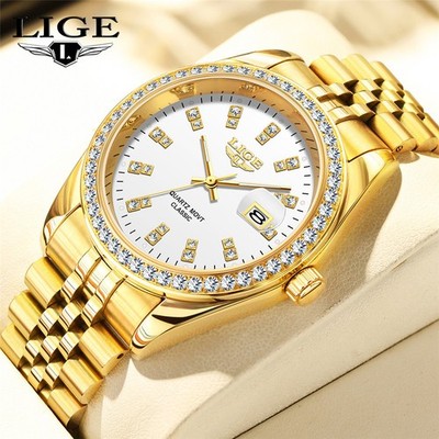 LIGE Men Watch Gold Steel Quartz Wristwatch Male Business Calendar Male Watches