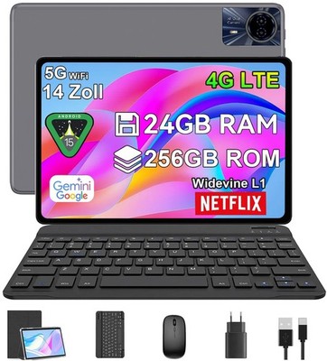 2026 Neu Tablet Android 15 24GB RAM+256GB 8580mAh 14 Zoll 4G LTE 2SIM WlFl IPS
