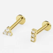 14k Solid Gold Trinity CZ Internally Threaded Labret Stud Earring, 18Gauge