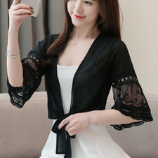 Women Lady Chiffon Ruffles Lace Cape Shrug Bolero Capelet Hollow Out Cardigan