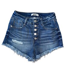 Refuge Jean Shorts Womens 0 Destroyed Stretch Denim Button Fly Blue Frayed