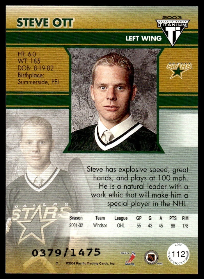 2002-03 Pacific Private Stock Titanium Steve Ott Rookie /1475 Dallas Stars #112 - Image 2 of 2