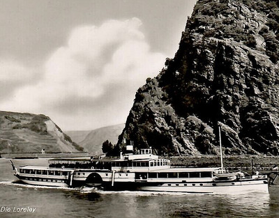 Vintage Real Photo Postcard RPPC Ship at Sea Die Loreley Mountains Hills Canal