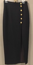 Vintage Gemma Kahng Womens Black Long Skirt Front Slit Gold Buttons Size 8