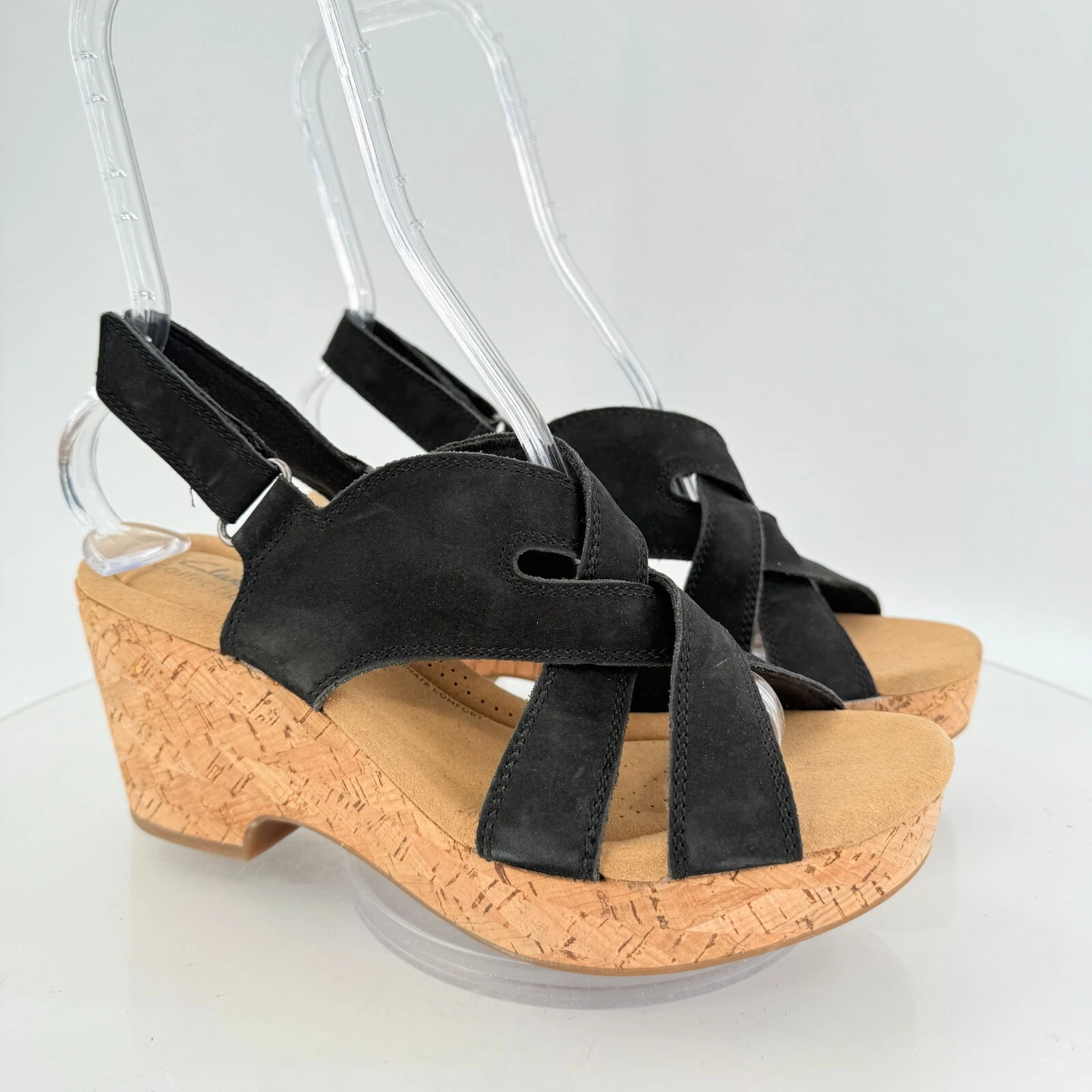 Sandali Clarks Giselle Beach con zeppa in sughero e cinturino plateau neri taglia 10M