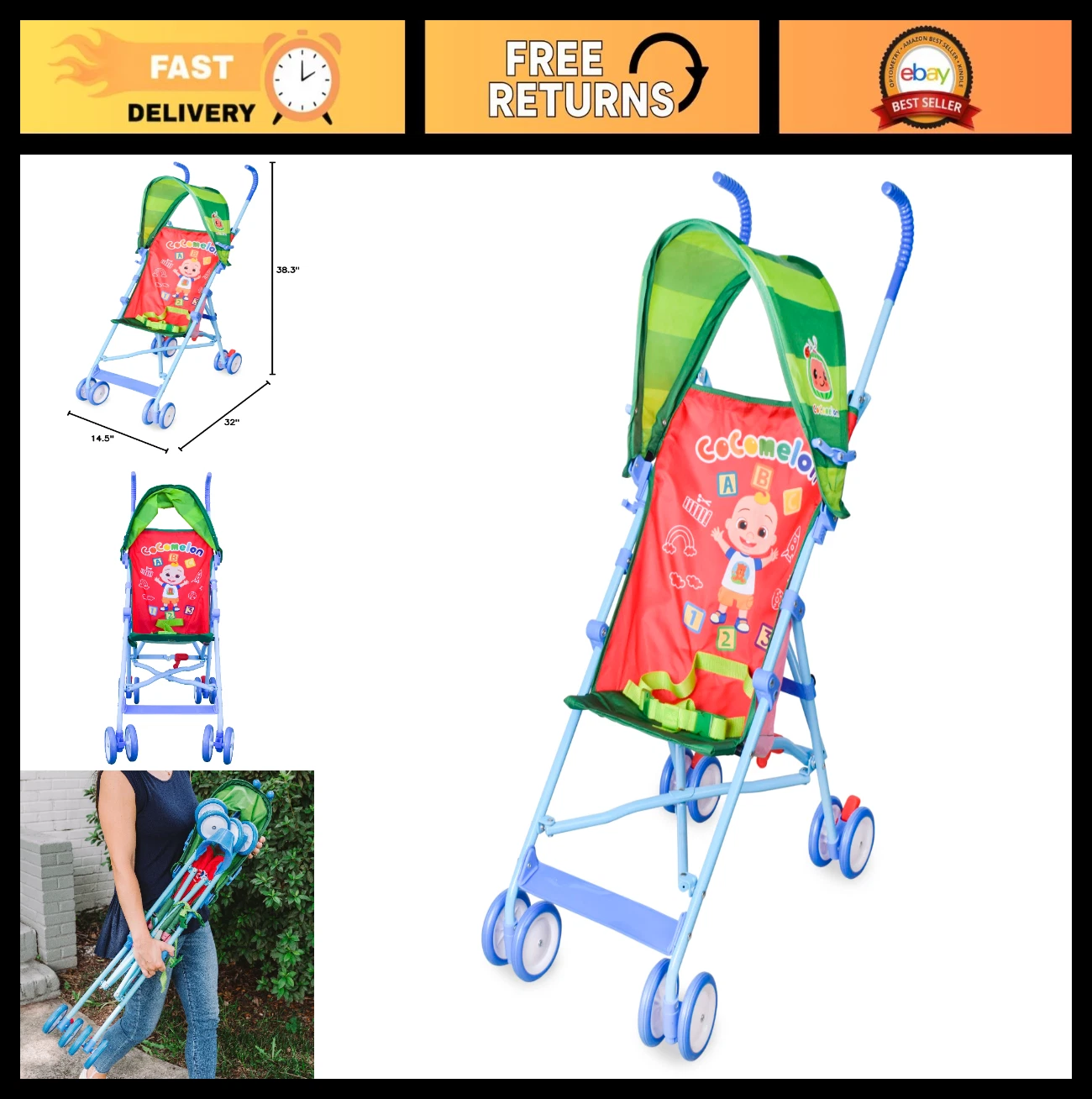 CoComelon Umbrella Stroller with Canopy - Lightweight Travel Stroller for Kids,