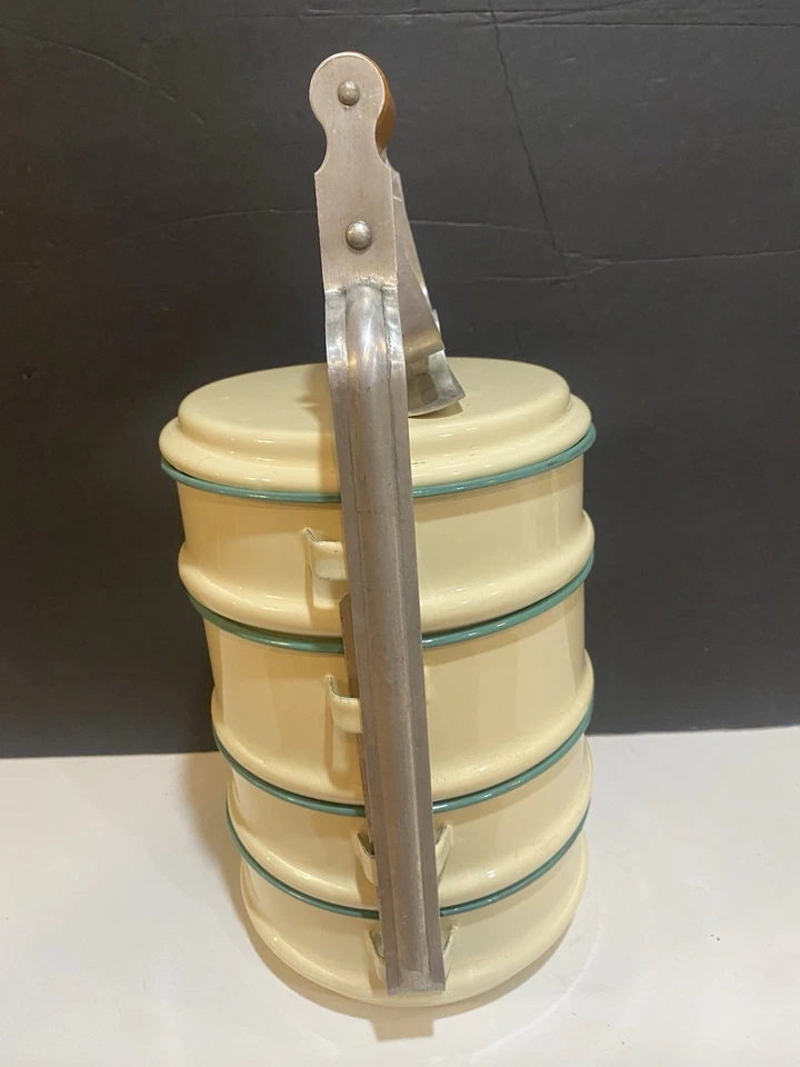 Caja Pinto Tiffin Contenedor Transportador de Comida Tailandés Esmalte Tradicional De Colección 4 Pilas Foto 3 de 4