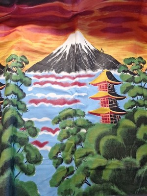 Vintage Japanese Mount Fuji Pagoda Scenic Fabric 5 Yds Mid Century MCM