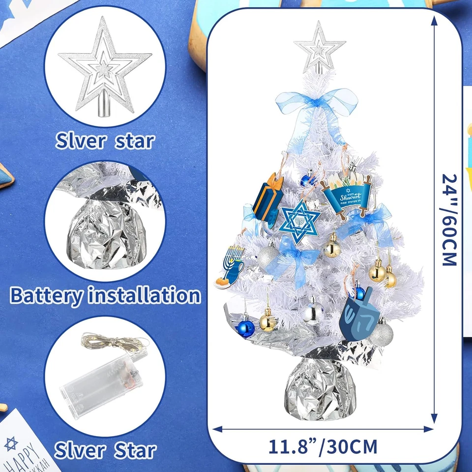 24英寸迷你白色光明节树装饰桌面光明节树带灯,10件装 — 第 2/4 张图片