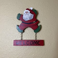 Vintage Handcrafted Wooden Santa Welcome Sign Hand Painted Christmas Decor