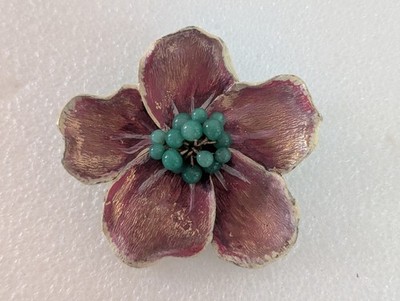 Vtg Pink Enamel Hibiscus Flower Turquoise Colored Pistil Pin Brooch 2.5''