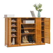 Shoe Storage Cabinet with 2 Double Shutter Doors, Bamboo Floor Organizer Shel...