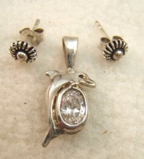 Sterling Silver Stud Earrings and Dolphin Oval CZ Pendant