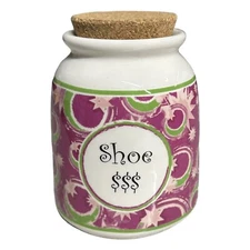 Tumbleweed Pottery Coin Bank Shoe Money Cork Ceramic Jar Pink Green Moon Stars