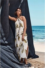 NWT Witchery Twist Halter Neck Maxi Dress [Size 8] White Leaf Lined Split Hem