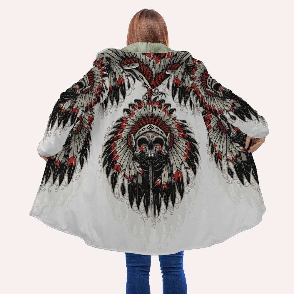 Warrior Skull Native American All Over Printed Hooded Cloak Coat