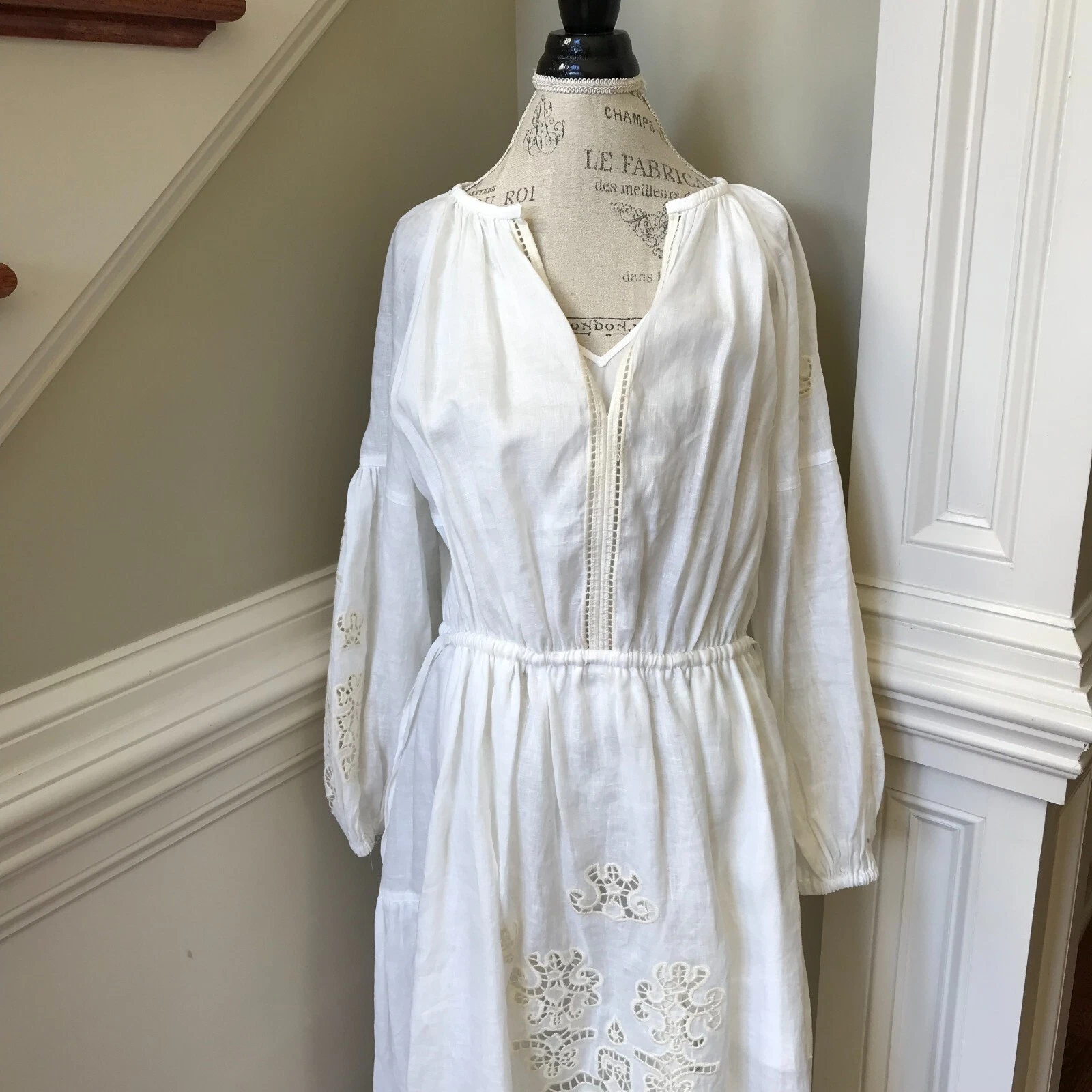 OFF WHITE Abito midi ALC Capri donna 14 avorio bianco sporco scollo a V maniche lunghe lino occhielli