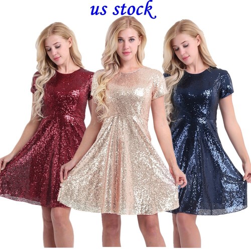 Us Women Sequins Bridesmaid Dress Short Sleeve Pleated A Line Cocktail Party Ebay