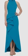 Vince Camuto Women's Blue Halter Mock Neck Ruffled Tulip-Hem Gown Dress Size 6