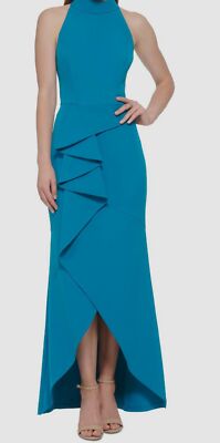 Vince Camuto Women's Blue Halter Mock Neck Ruffled Tulip-Hem Gown Dress  Size