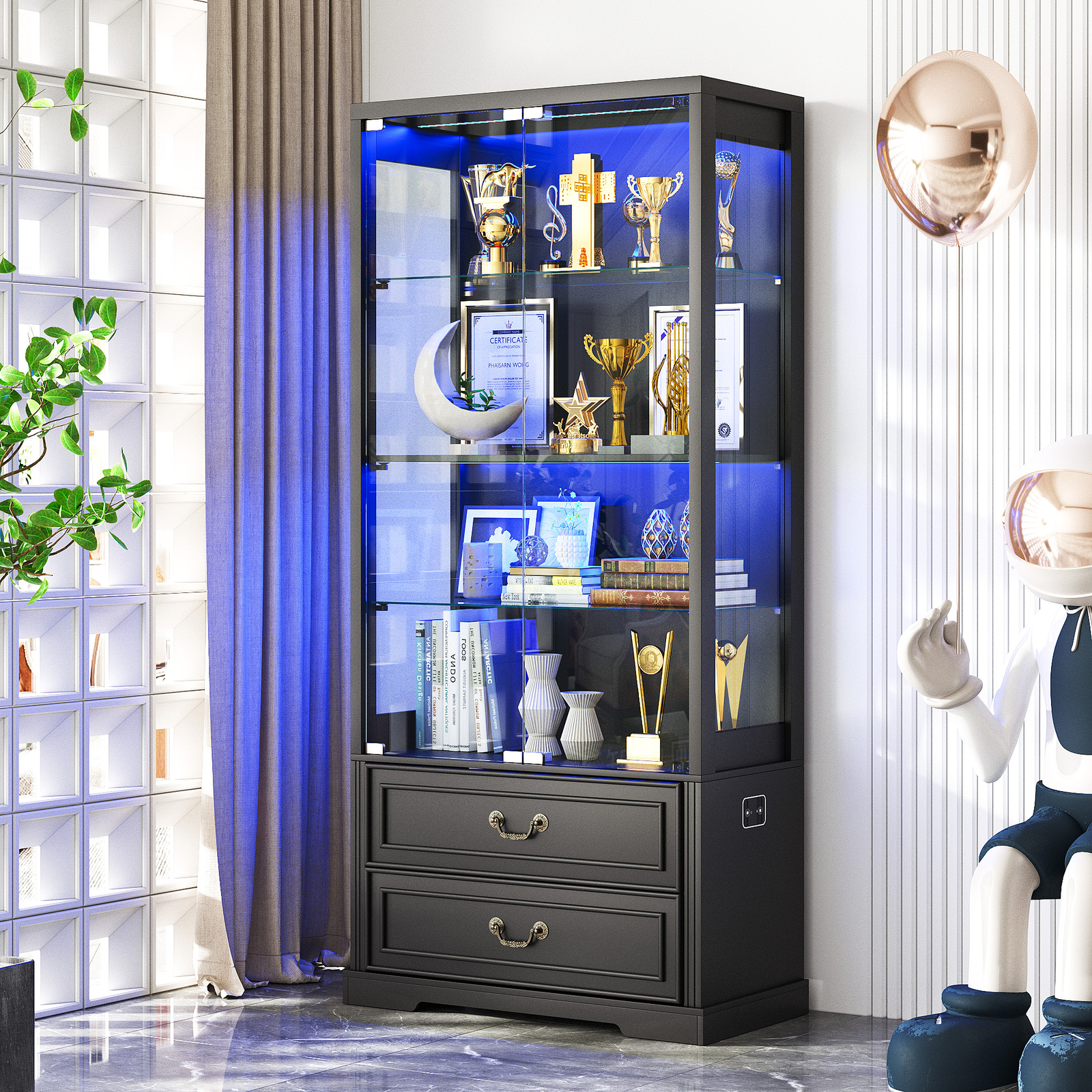 Display Cabinet with LED Lights, Adjustable Shelves, and Glass Doors