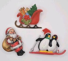 Lot Of 3 Christmas Brooches Santa Penguins Sleigh Hallmark