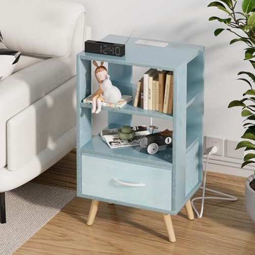 Night Stand with Charging Station, Blue Kids Nightstand with Drawer, 3-Tier - Picture 3 of 8
