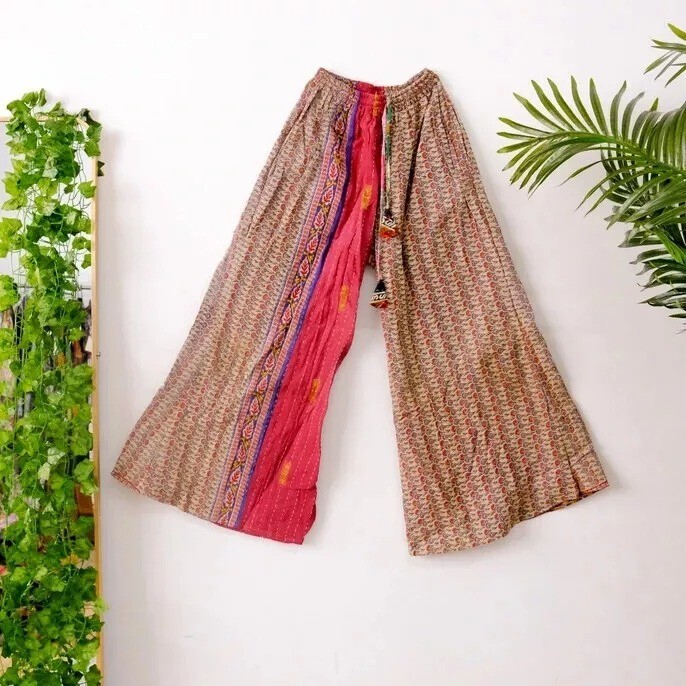 5 Pcs Vintage Kantha Handmade Wide Leg Hippie Boho Gypsy Palazzo Pants Trouser image 4